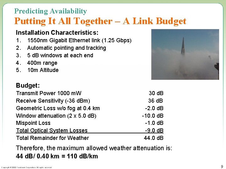 Predicting Availability Putting It All Together – A Link Budget Installation Characteristics: 1. 2.