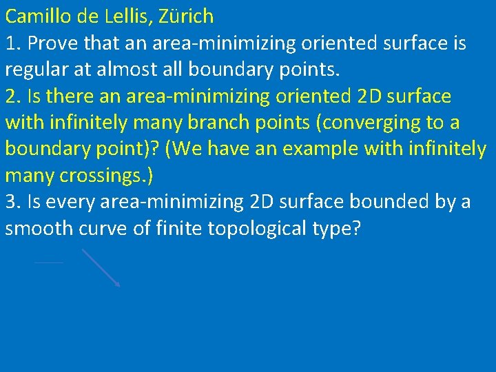 Camillo de Lellis, Zürich 1. Prove that an area-minimizing oriented surface is regular at