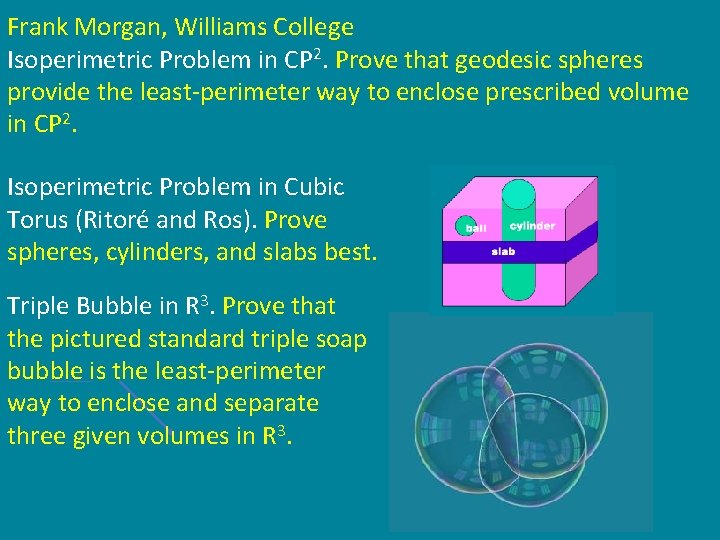 Frank Morgan, Williams College Isoperimetric Problem in CP 2. Prove that geodesic spheres provide