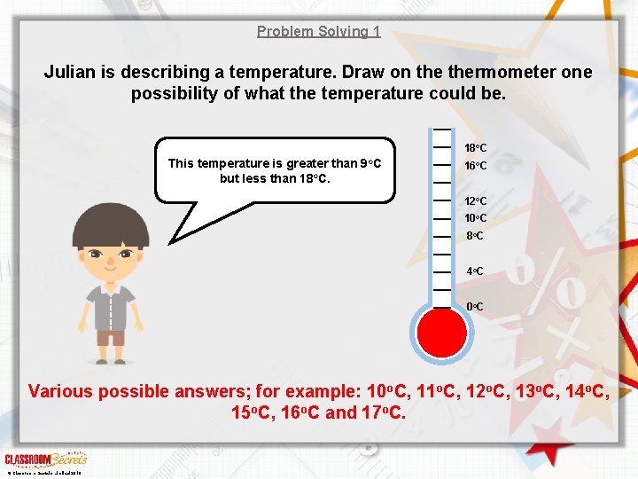 Problem Solving 1 Julian is describing a temperature. Draw on thermometer one possibility of