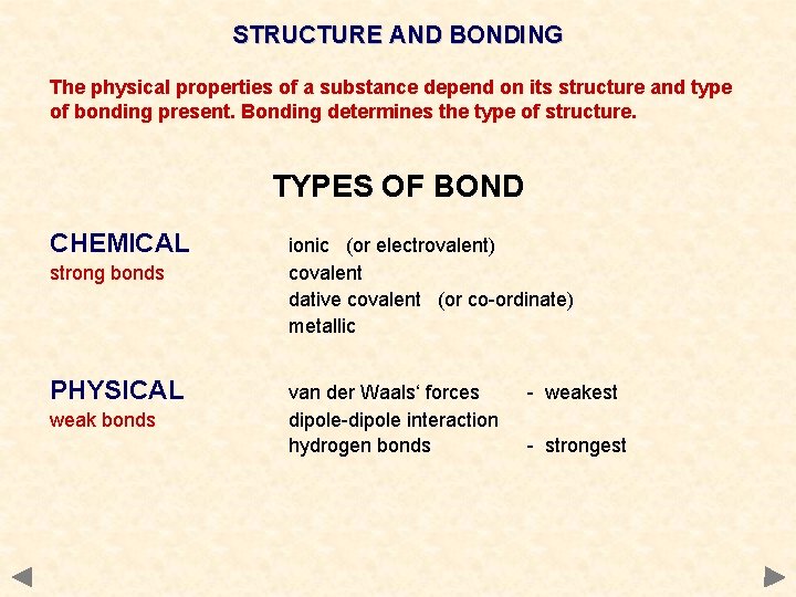 STRUCTURE AND BONDING The physical properties of a substance depend on its structure and