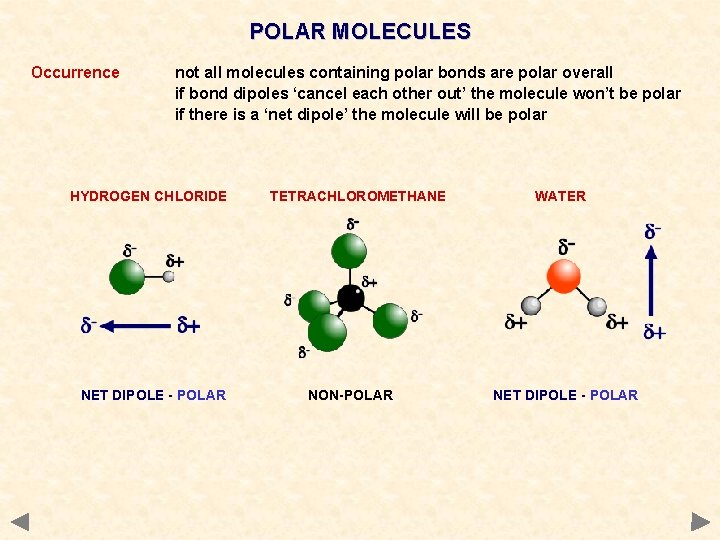 POLAR MOLECULES Occurrence not all molecules containing polar bonds are polar overall if bond