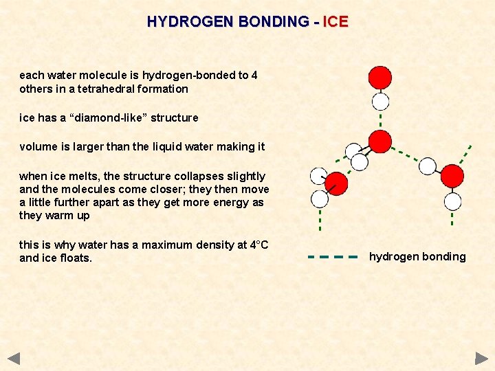 HYDROGEN BONDING - ICE each water molecule is hydrogen-bonded to 4 others in a