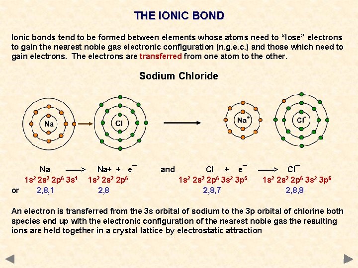 THE IONIC BOND Ionic bonds tend to be formed between elements whose atoms need