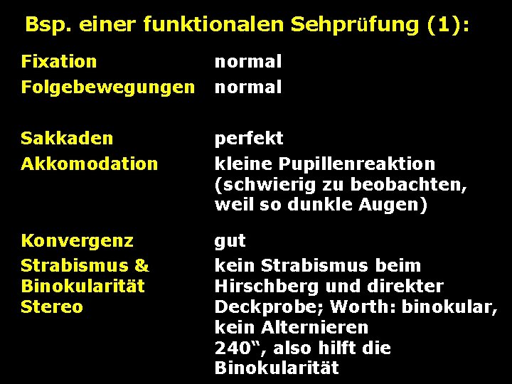 Bsp. einer funktionalen Sehprüfung (1): Fixation Folgebewegungen normal Sakkaden Akkomodation perfekt kleine Pupillenreaktion (schwierig