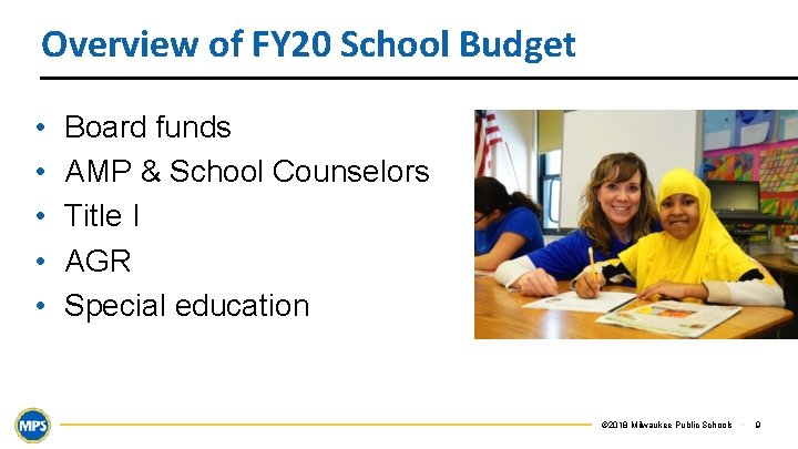 Overview of FY 20 School Budget • • • Board funds AMP & School