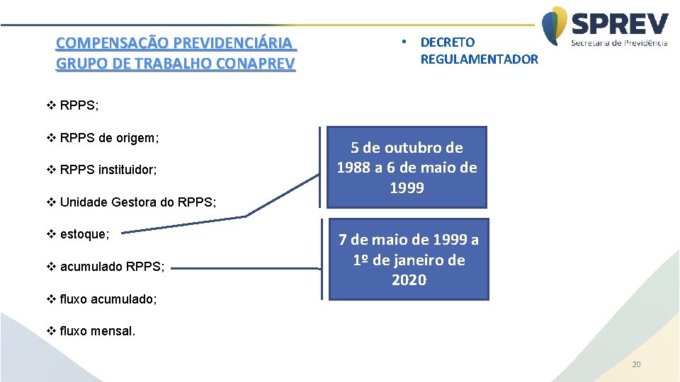 COMPENSAÇÃO PREVIDENCIÁRIA GRUPO DE TRABALHO CONAPREV • DECRETO REGULAMENTADOR v RPPS; v RPPS de