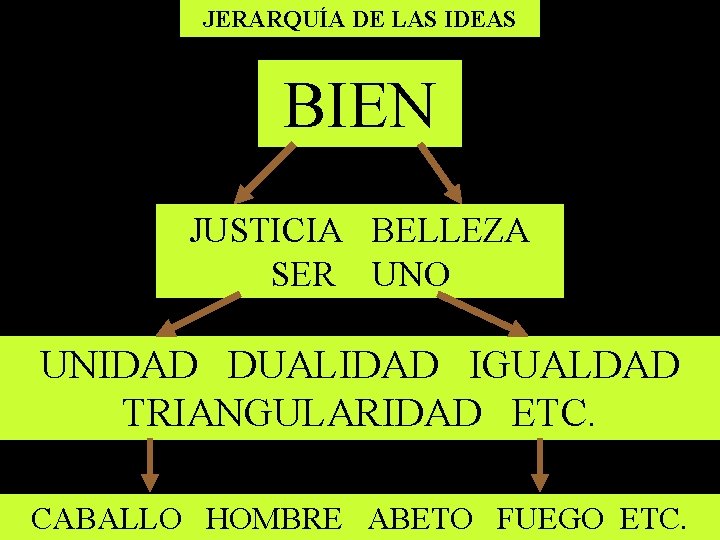JERARQUÍA DE LAS IDEAS BIEN JUSTICIA BELLEZA SER UNO UNIDAD DUALIDAD IGUALDAD TRIANGULARIDAD ETC.