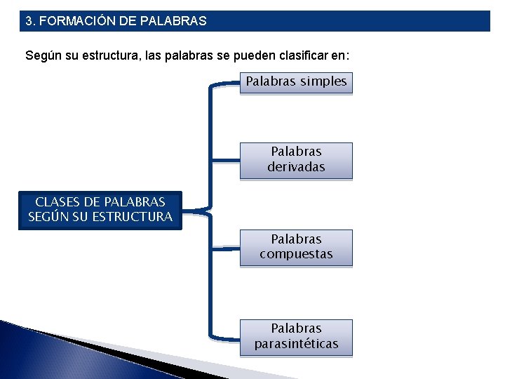 3. FORMACIÓN DE PALABRAS Según su estructura, las palabras se pueden clasificar en: Palabras