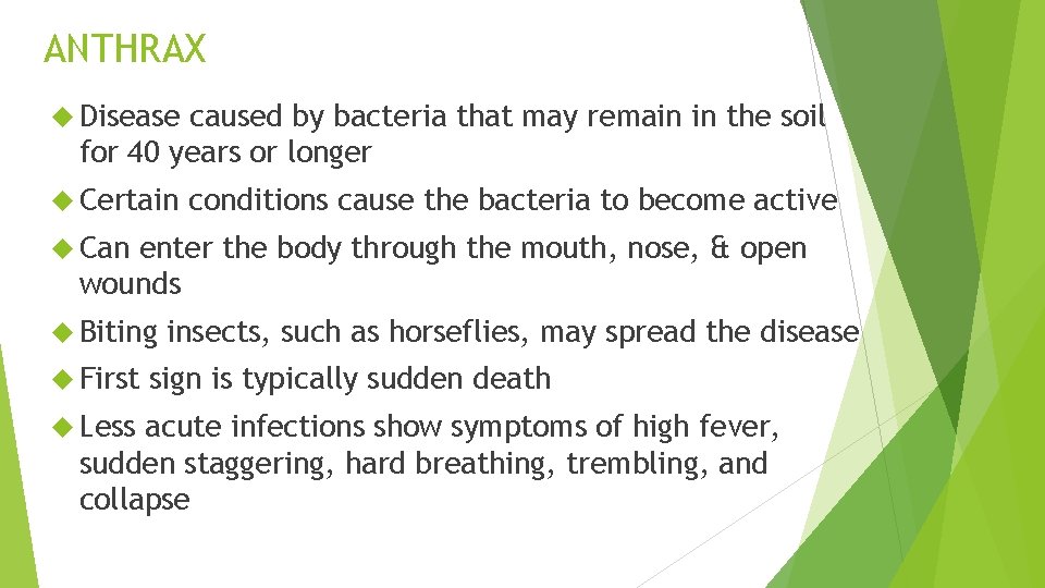 ANTHRAX Disease caused by bacteria that may remain in the soil for 40 years