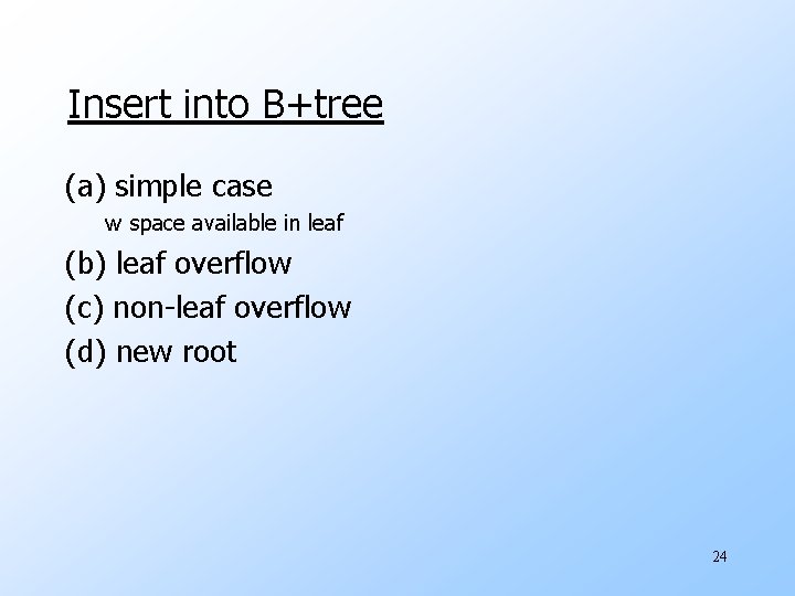 Insert into B+tree (a) simple case w space available in leaf (b) leaf overflow