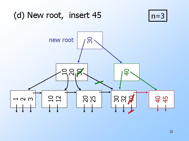 (d) New root, insert 45 40 30 32 40 20 25 10 12 1