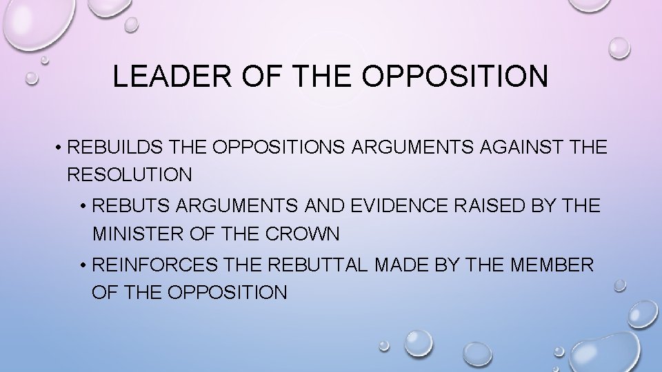 LEADER OF THE OPPOSITION • REBUILDS THE OPPOSITIONS ARGUMENTS AGAINST THE RESOLUTION • REBUTS