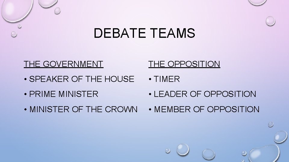 DEBATE TEAMS THE GOVERNMENT THE OPPOSITION • SPEAKER OF THE HOUSE • TIMER •