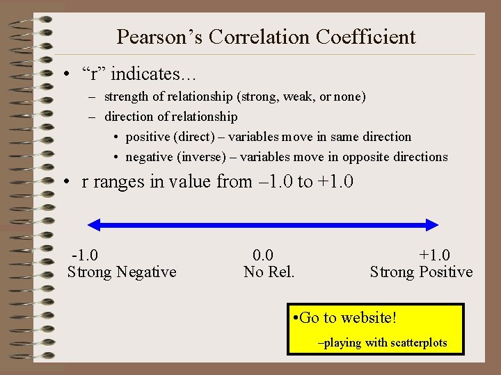 Pearson’s Correlation Coefficient • “r” indicates… – strength of relationship (strong, weak, or none)