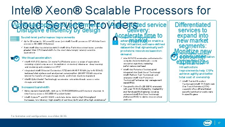 Intel® Xeon® Scalable Processors for Agile, trusted service Differentiated Workload-optimized performance: Cloud Service Providers