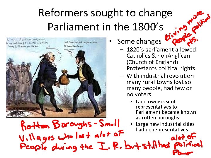 Reformers sought to change Parliament in the 1800’s • Some changes – 1820’s parliament