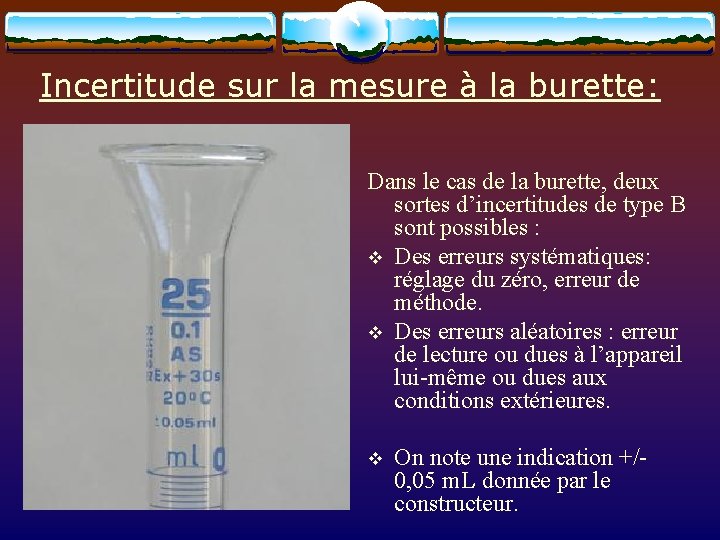 Incertitude sur la mesure à la burette: Dans le cas de la burette, deux