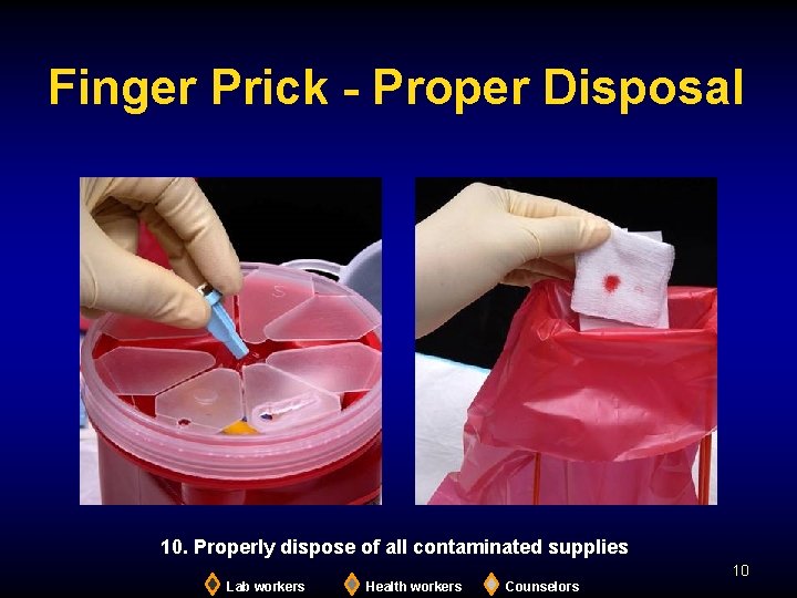 Finger Prick - Proper Disposal 10. Properly dispose of all contaminated supplies 10 Lab