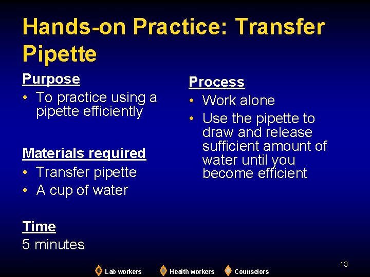 Hands-on Practice: Transfer Pipette Purpose • To practice using a pipette efficiently Materials required
