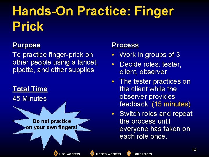 Hands-On Practice: Finger Prick Purpose To practice finger-prick on other people using a lancet,