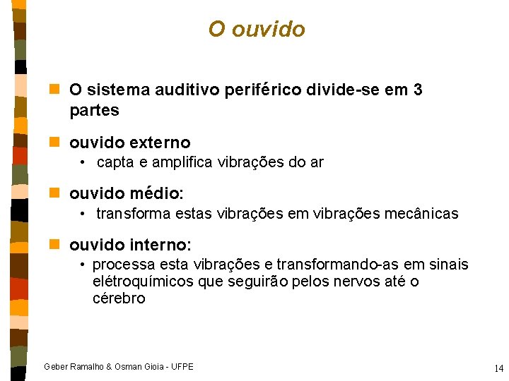 O ouvido n O sistema auditivo periférico divide-se em 3 partes n ouvido externo