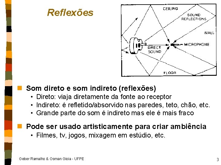 Reflexões n Som direto e som indireto (reflexões) • Direto: viaja diretamente da fonte