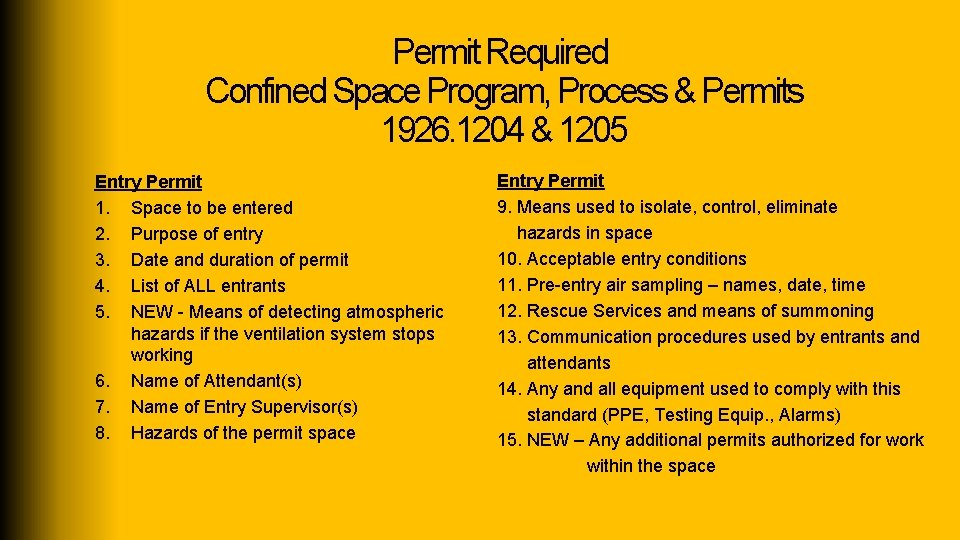 Permit Required Confined Space Program, Process & Permits 1926. 1204 & 1205 Entry Permit