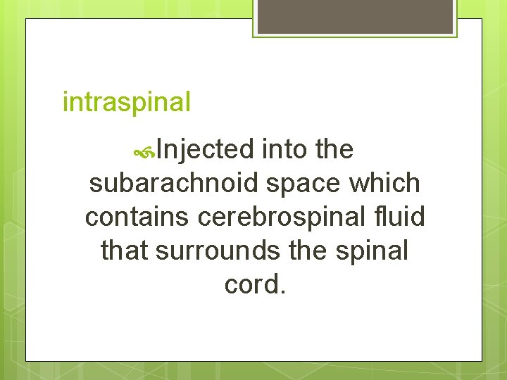 intraspinal Injected into the subarachnoid space which contains cerebrospinal fluid that surrounds the spinal