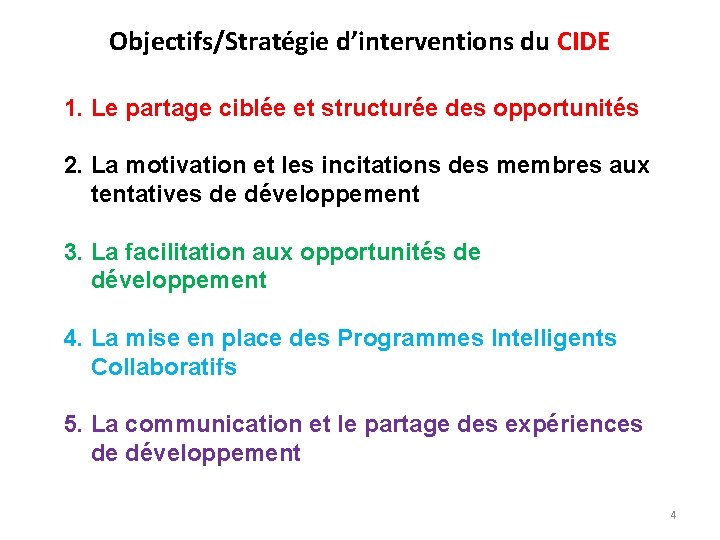 Objectifs/Stratégie d’interventions du CIDE 1. Le partage ciblée et structurée des opportunités 2. La