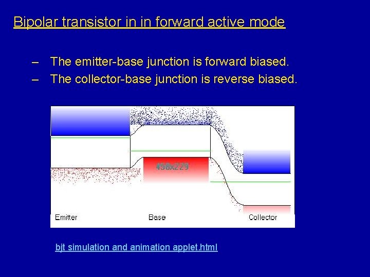 Bipolar transistor in in forward active mode – The emitter-base junction is forward biased. Bipolar transistor in in forward active mode – The emitter-base junction is forward biased.