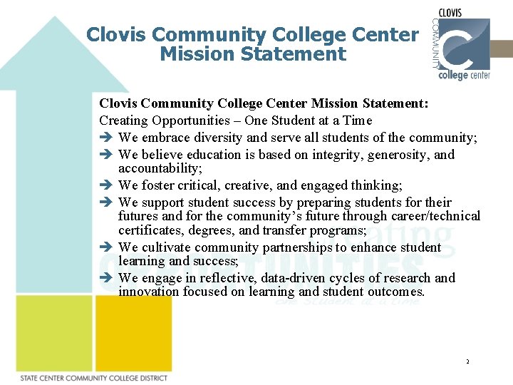 Clovis Community College Center Mission Statement: Creating Opportunities – One Student at a Time