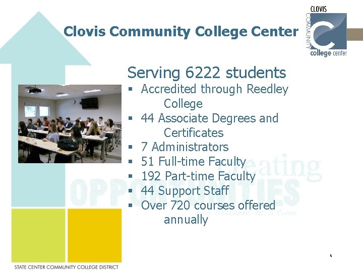 Clovis Community College Center Serving 6222 students § Accredited through Reedley College § 44