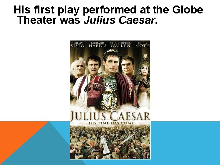 His first play performed at the Globe Theater was Julius Caesar. 