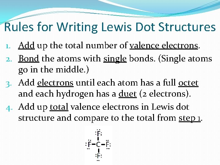 Rules for Writing Lewis Dot Structures 1. Add up the total number of valence