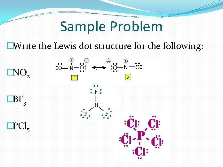 Sample Problem �Write the Lewis dot structure for the following: �NO 2 �BF 3