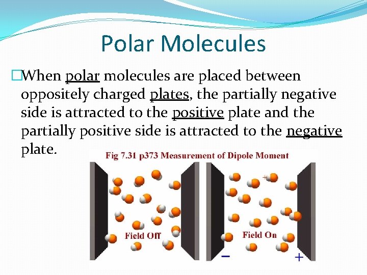 Polar Molecules �When polar molecules are placed between oppositely charged plates, the partially negative