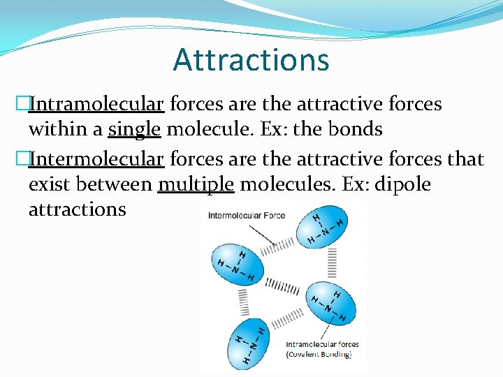 Attractions �Intramolecular forces are the attractive forces within a single molecule. Ex: the bonds