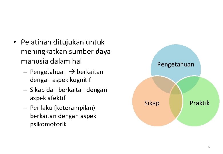  • Pelatihan ditujukan untuk meningkatkan sumber daya manusia dalam hal – Pengetahuan berkaitan