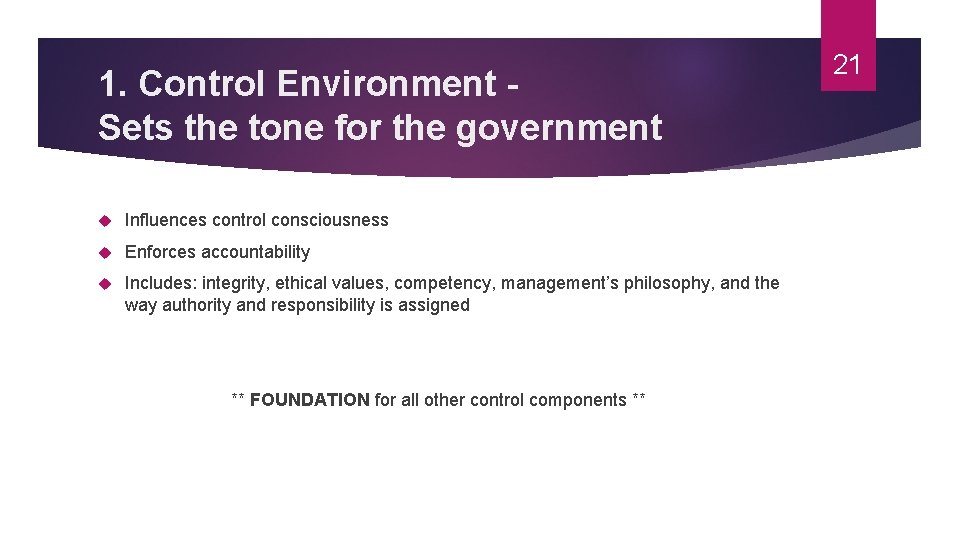 1. Control Environment Sets the tone for the government Influences control consciousness Enforces accountability