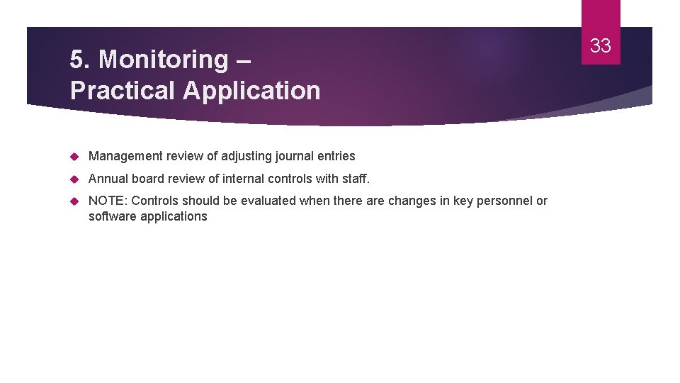 5. Monitoring – Practical Application Management review of adjusting journal entries Annual board review