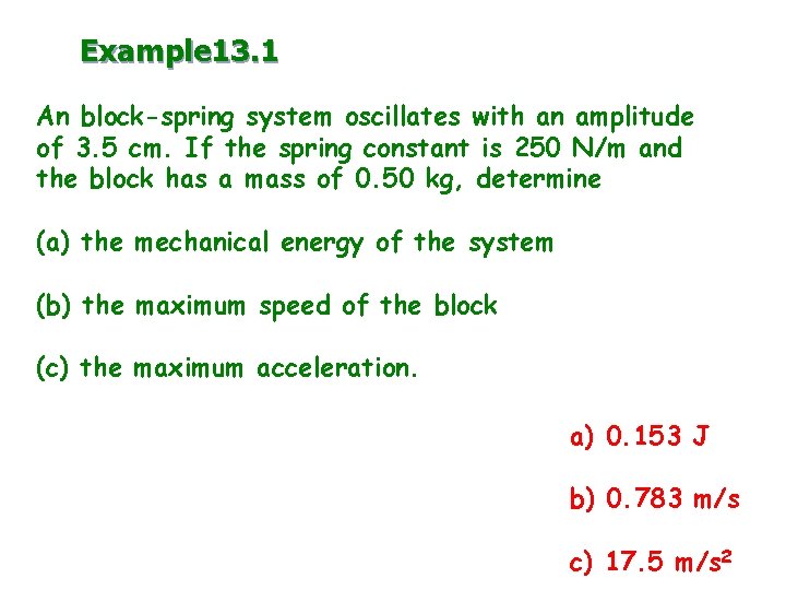 Example 13. 1 An block-spring system oscillates with an amplitude of 3. 5 cm. Example 13. 1 An block-spring system oscillates with an amplitude of 3. 5 cm.