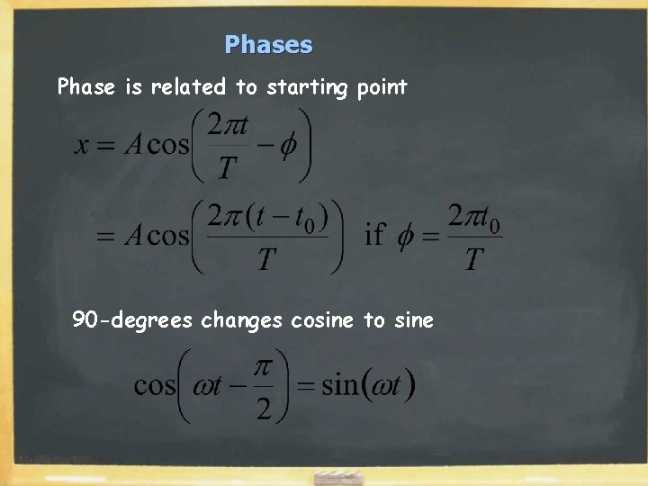 Phases Phase is related to starting point 90 -degrees changes cosine to sine 