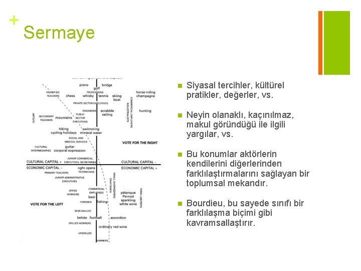 + Sermaye n Siyasal tercihler, kültürel pratikler, değerler, vs. n Neyin olanaklı, kaçınılmaz, makul