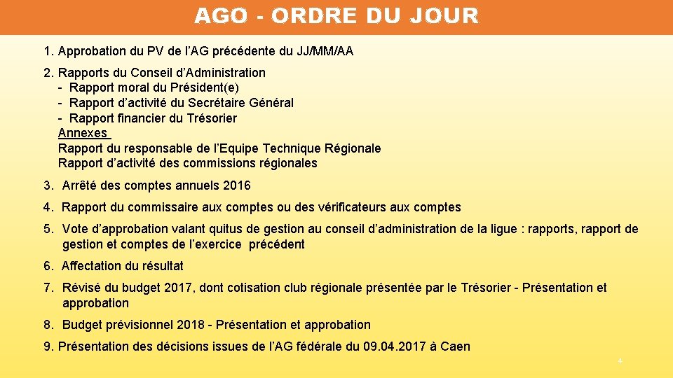 AGO - ORDRE DU JOUR 1. Approbation du PV de l’AG précédente du JJ/MM/AA