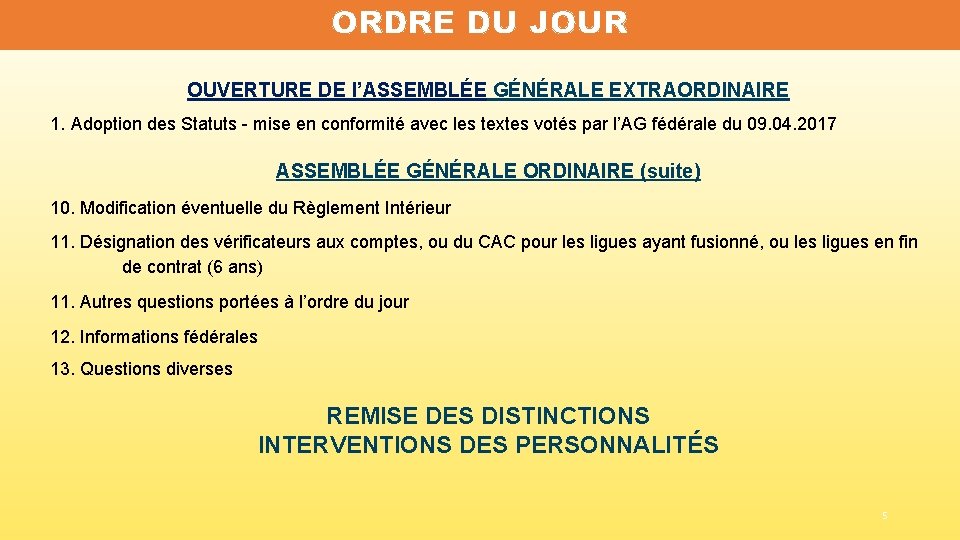 ORDRE DU JOUR OUVERTURE DE l’ASSEMBLÉE GÉNÉRALE EXTRAORDINAIRE 1. Adoption des Statuts - mise