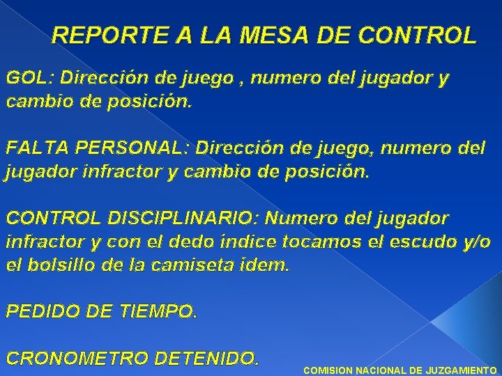 REPORTE A LA MESA DE CONTROL GOL: Dirección de juego , numero del jugador