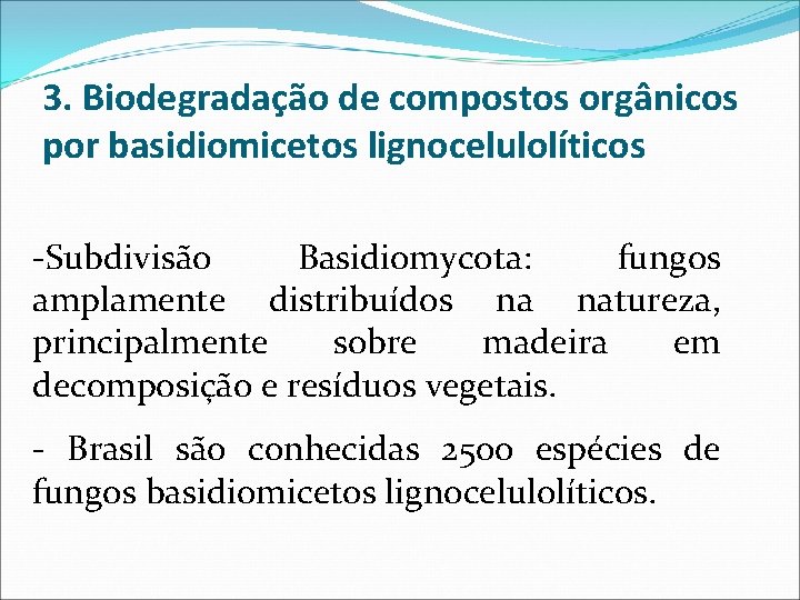 3. Biodegradação de compostos orgânicos por basidiomicetos lignocelulolíticos -Subdivisão Basidiomycota: fungos amplamente distribuídos na