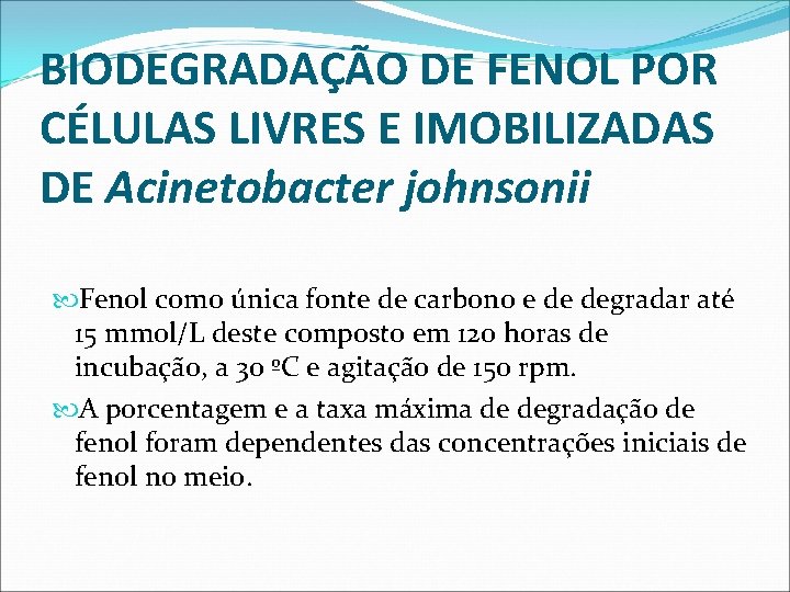 BIODEGRADAÇÃO DE FENOL POR CÉLULAS LIVRES E IMOBILIZADAS DE Acinetobacter johnsonii Fenol como única