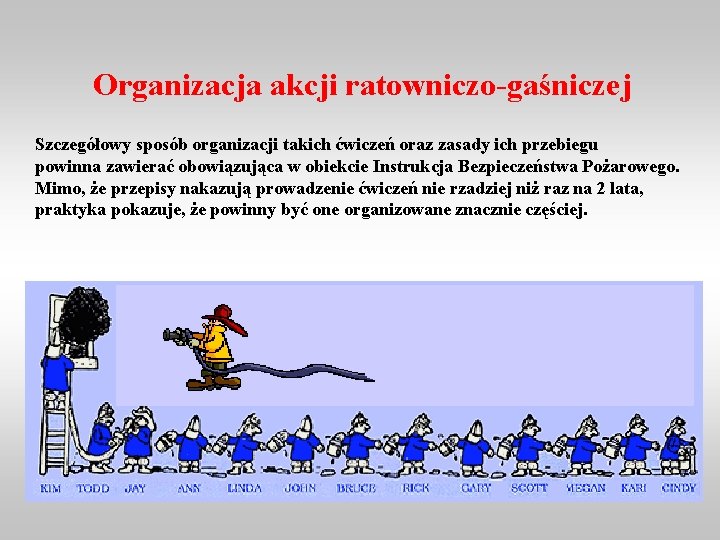 Organizacja akcji ratowniczo-gaśniczej Szczegółowy sposób organizacji takich ćwiczeń oraz zasady ich przebiegu powinna zawierać